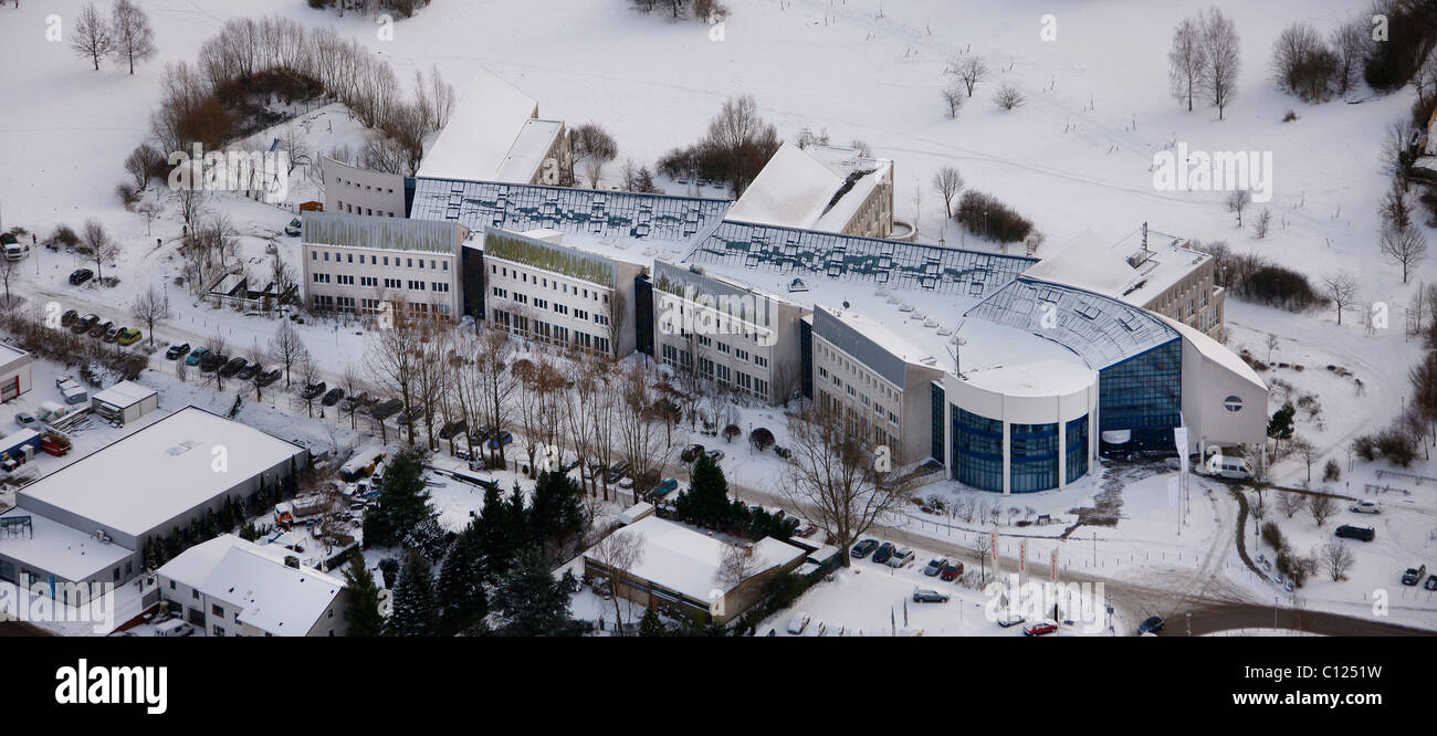 Aerial view, FEZ, Universitaet Witten-Herdecke private university in the snow, Witten, Ruhrgebiet region, North Rhine-Westphalia Stock Photo