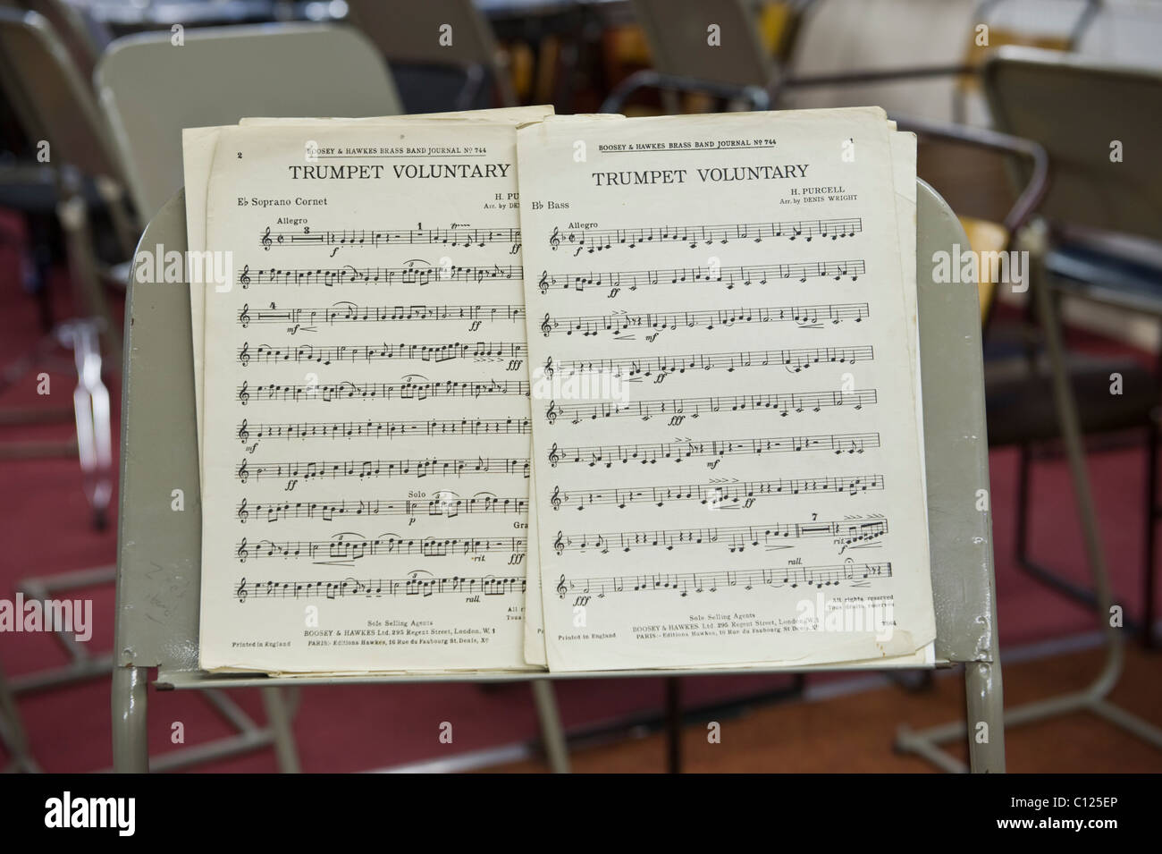 Sheet music on stand in practice room of Tredegar Town Band Blaenau Gwent South Wales UK Stock Photo