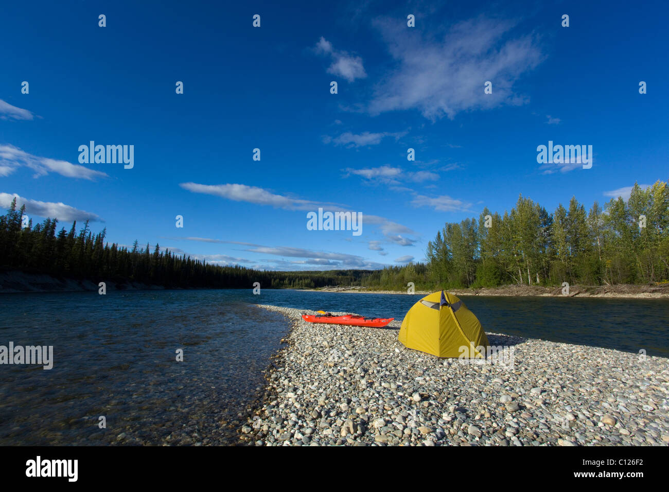 Tent, camp, kayak, headland, gravel bar, upper Liard River, Yukon