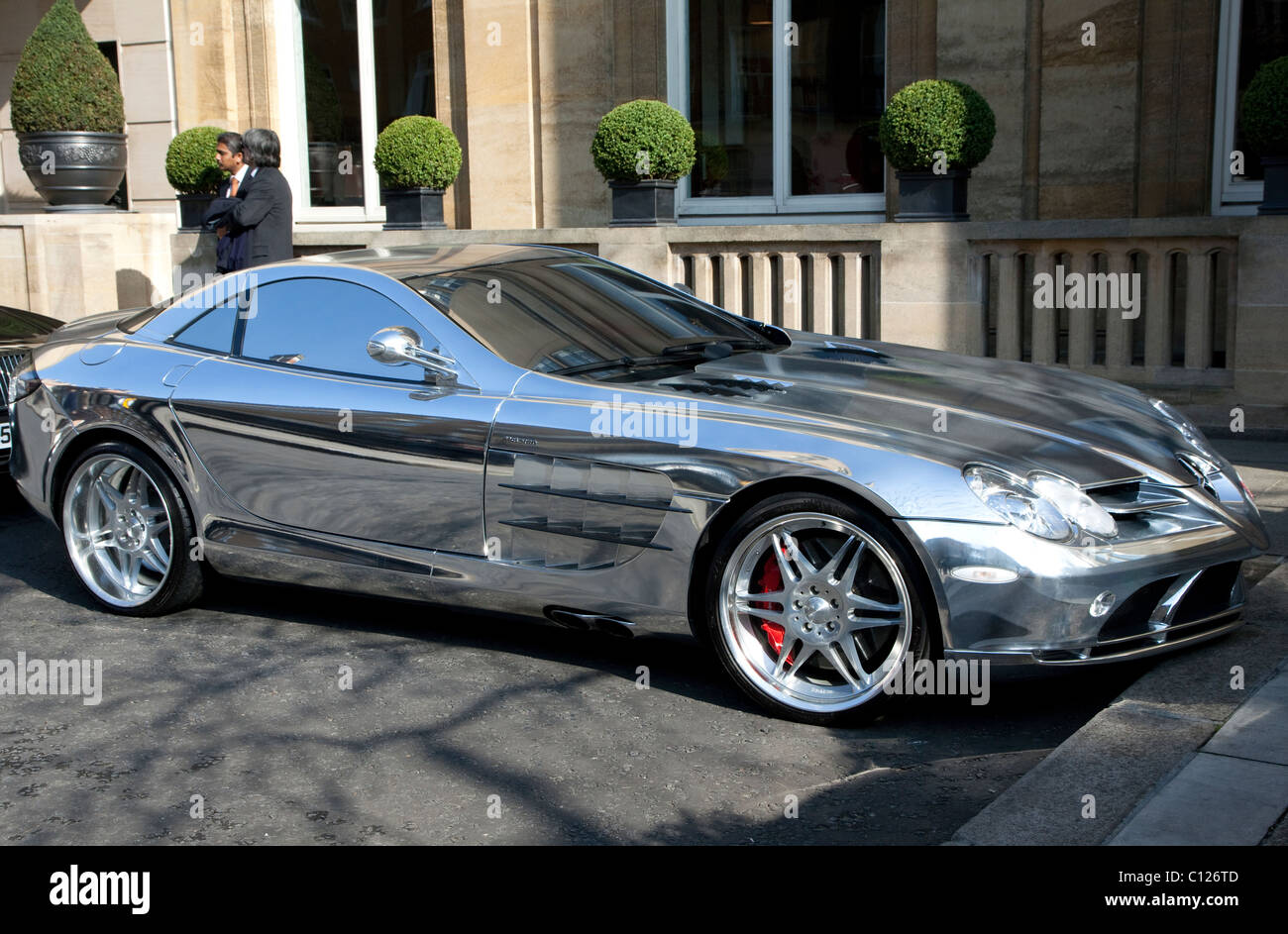 Chrome-plated Mercedes SLR McLaren sports coupe, London Stock Photo