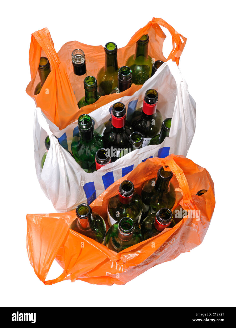 Wine bottles in plastic carrier bags for recycling Stock Photo Alamy