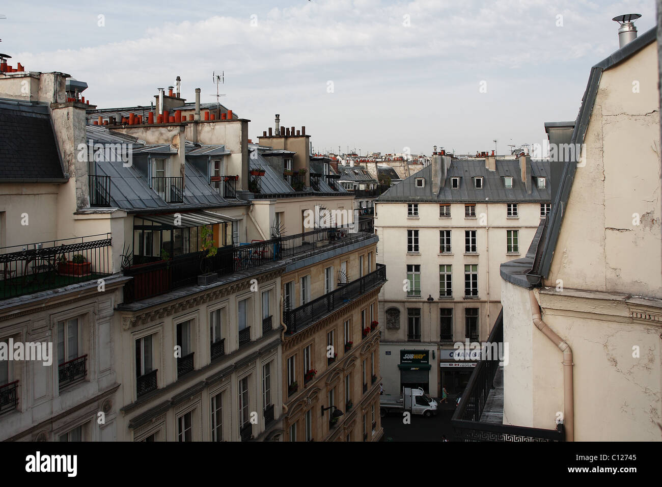 view about roofs  in Paris from the window of the hotel at the 6th floor Stock Photo