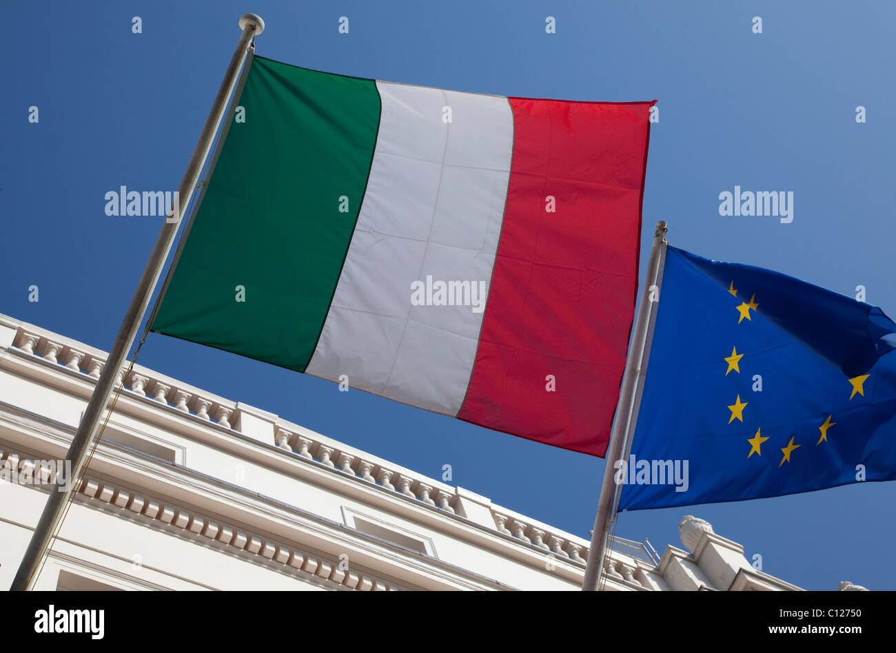 Italian and EU flags flying in London Stock Photo