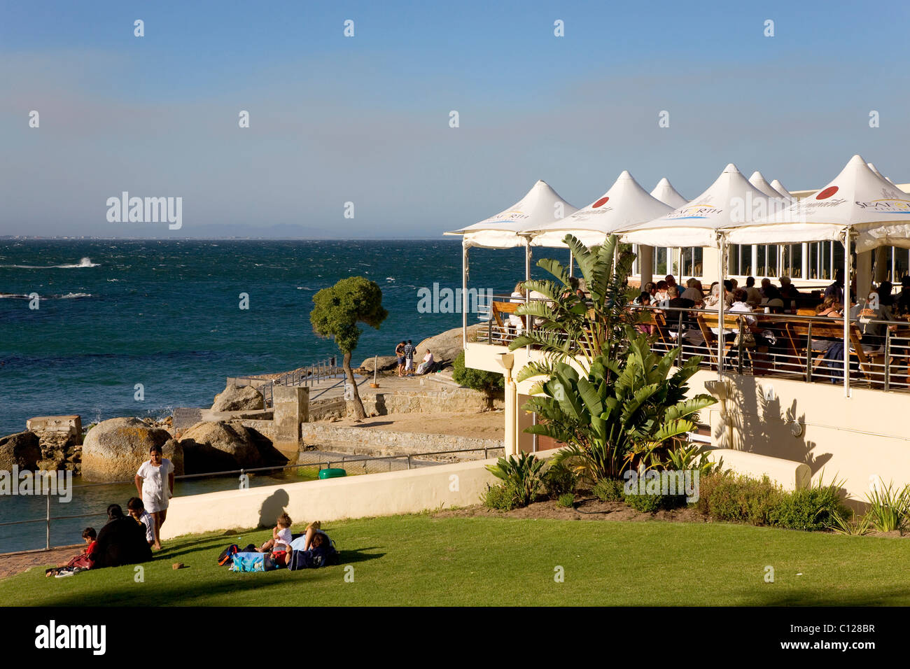 Restaurant with sea view, Boulder Beach near Cape Town, Western Cape, South Africa, Africa Stock Photo