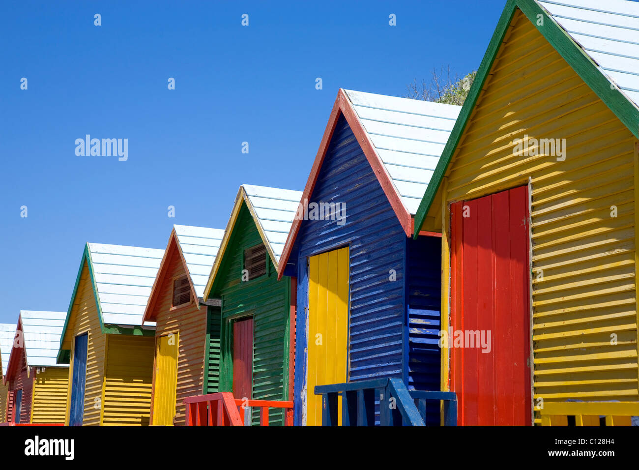 Colorful bathhouses on the beach of St. Jaimes, False Bay, Cape Town, South Africa, Africa Stock Photo