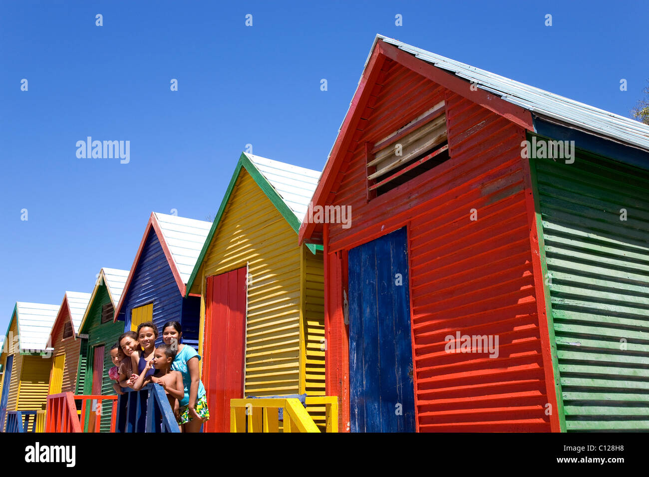 Colorful bathhouses on the beach of St. Jaimes, False Bay, Cape Town