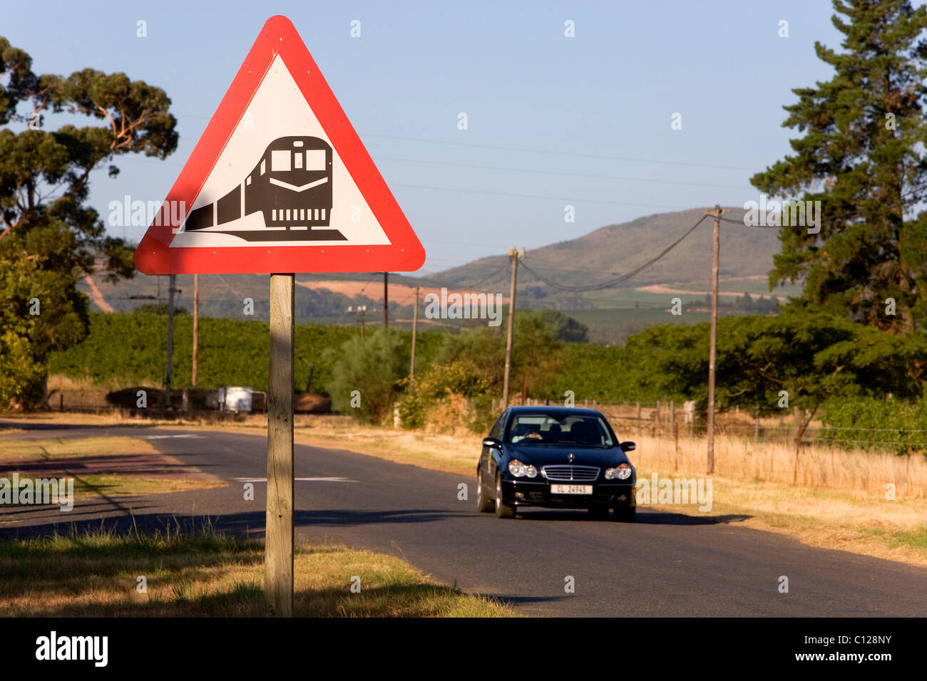 Road sign, railroad crossing, country road, Stellenbosch, Winelands