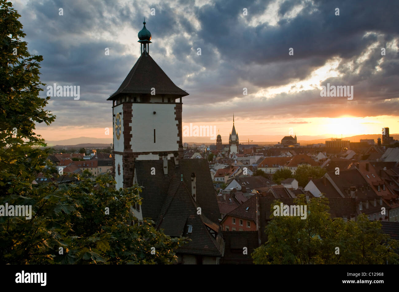 Schwabentor gate tower and evening mood, Freiburg im Breisgau, Baden-Wuerttemberg, Germany, Europe Stock Photo
