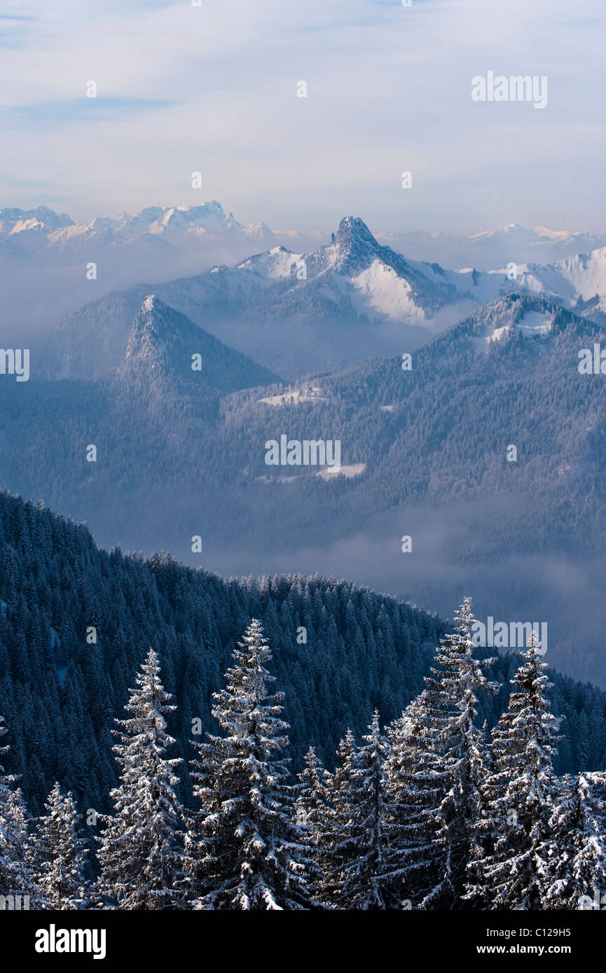 Mt. Rossstein and Mt. Buchstein, Bavarian Alps seen from Mt. Wallenberg, Upper Bavaria, Bavaria, Germany, Europe Stock Photo
