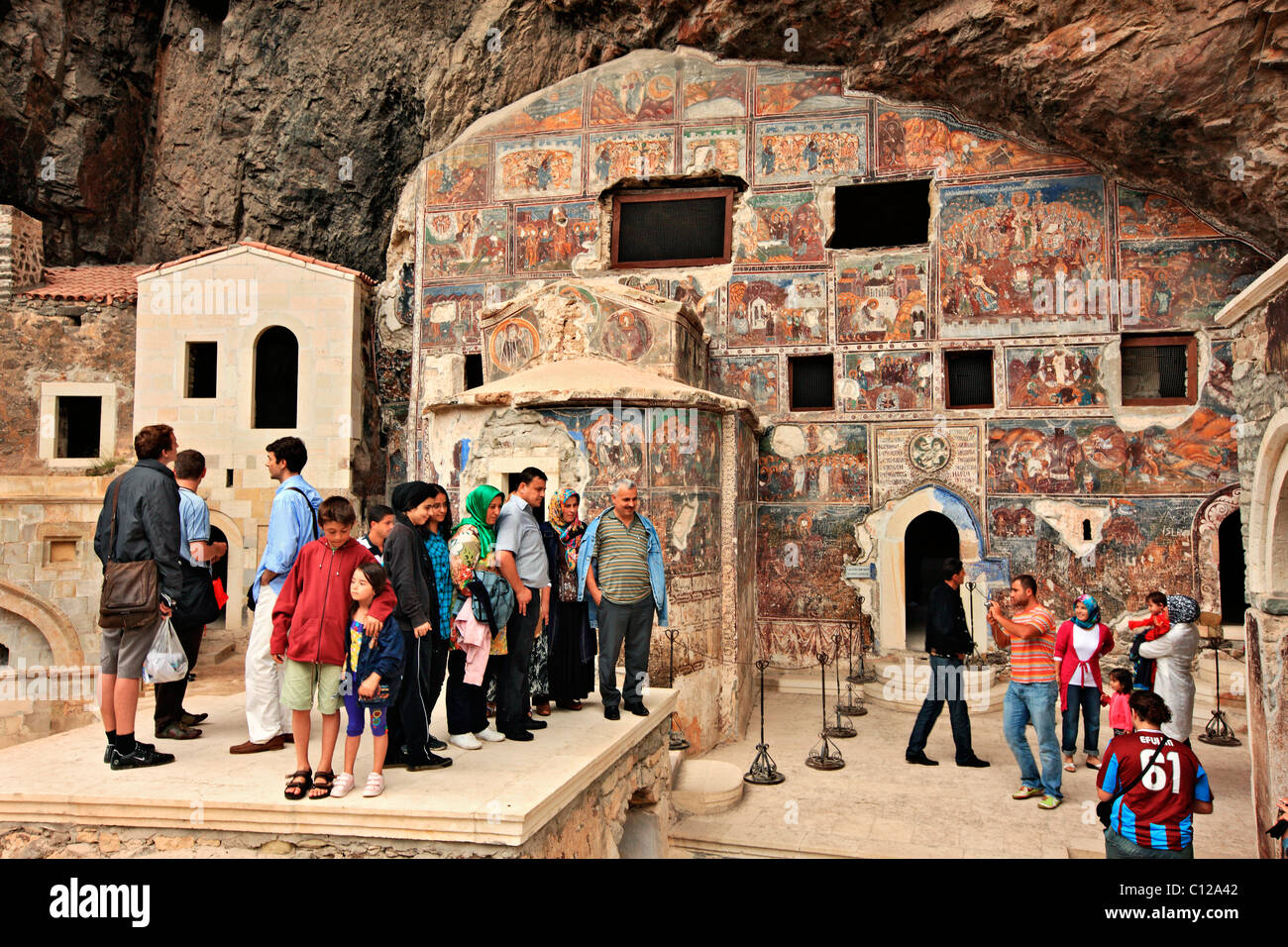 Beautiful byzantine frescoes on the exterior walls of the main church (a 'cavechurch') of Sumela Monastery, Trabzon Stock Photo