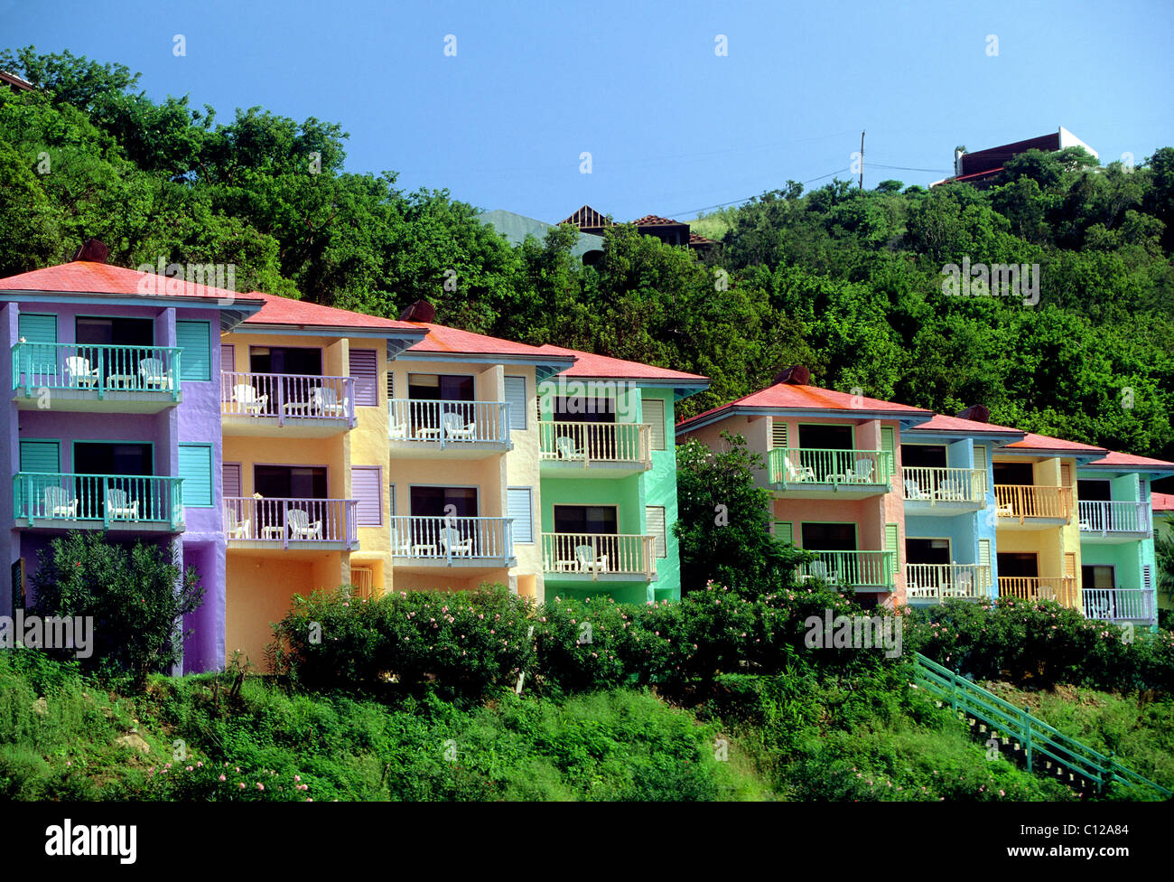 Colorful pastel guest quarters at Leverick Bay Resort & Marina, Virgin Gorda; British Virgin Islands Stock Photo