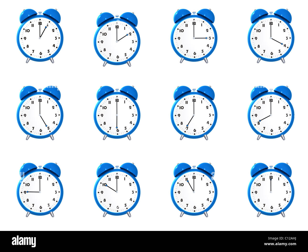 Twelve blue alarm clock's showing different time isolated on white background Stock Photo