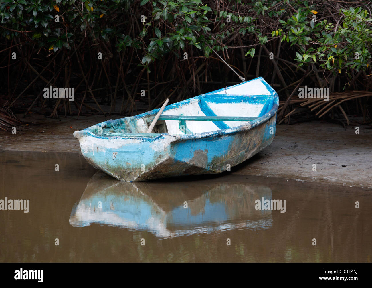 A small boat tied up to mangroves, Manuel Antonio, Costa Rica Stock Photo