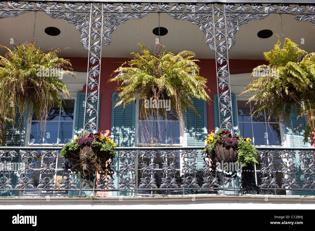 Hanging planters and window boxes hanging from ornate wrought iron balcony in the French Quarter of New Orleans, Louisiana Stock Photo