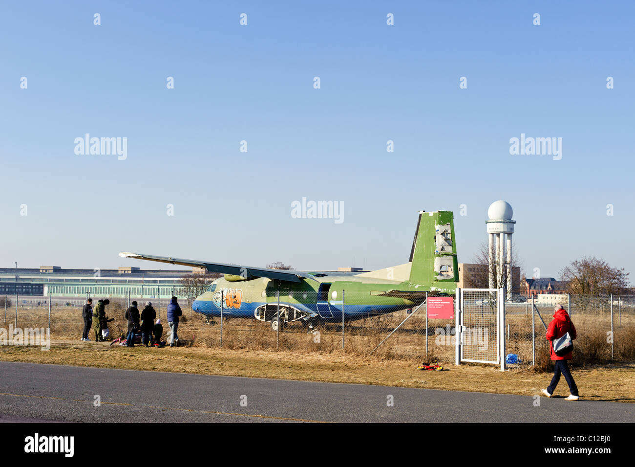 Training aircraft, airport fire department at Tempelhof Park, former Tempelhof Airport, Berlin, Germany, Europe Stock Photo