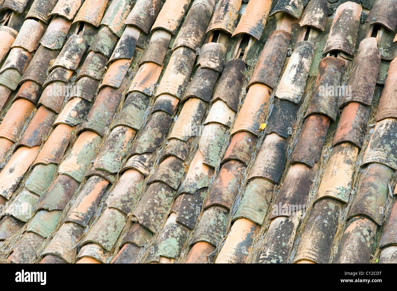 Old ceramic pottery terracotta roof tiles on rural house on La Gomera, Canary Islands, Spain Stock Photo