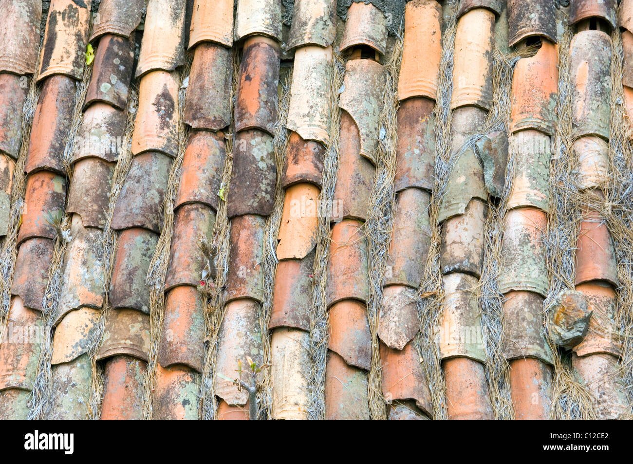Old ceramic pottery terracotta roof tiles on rural house on La Gomera, Canary Islands, Spain Stock Photo