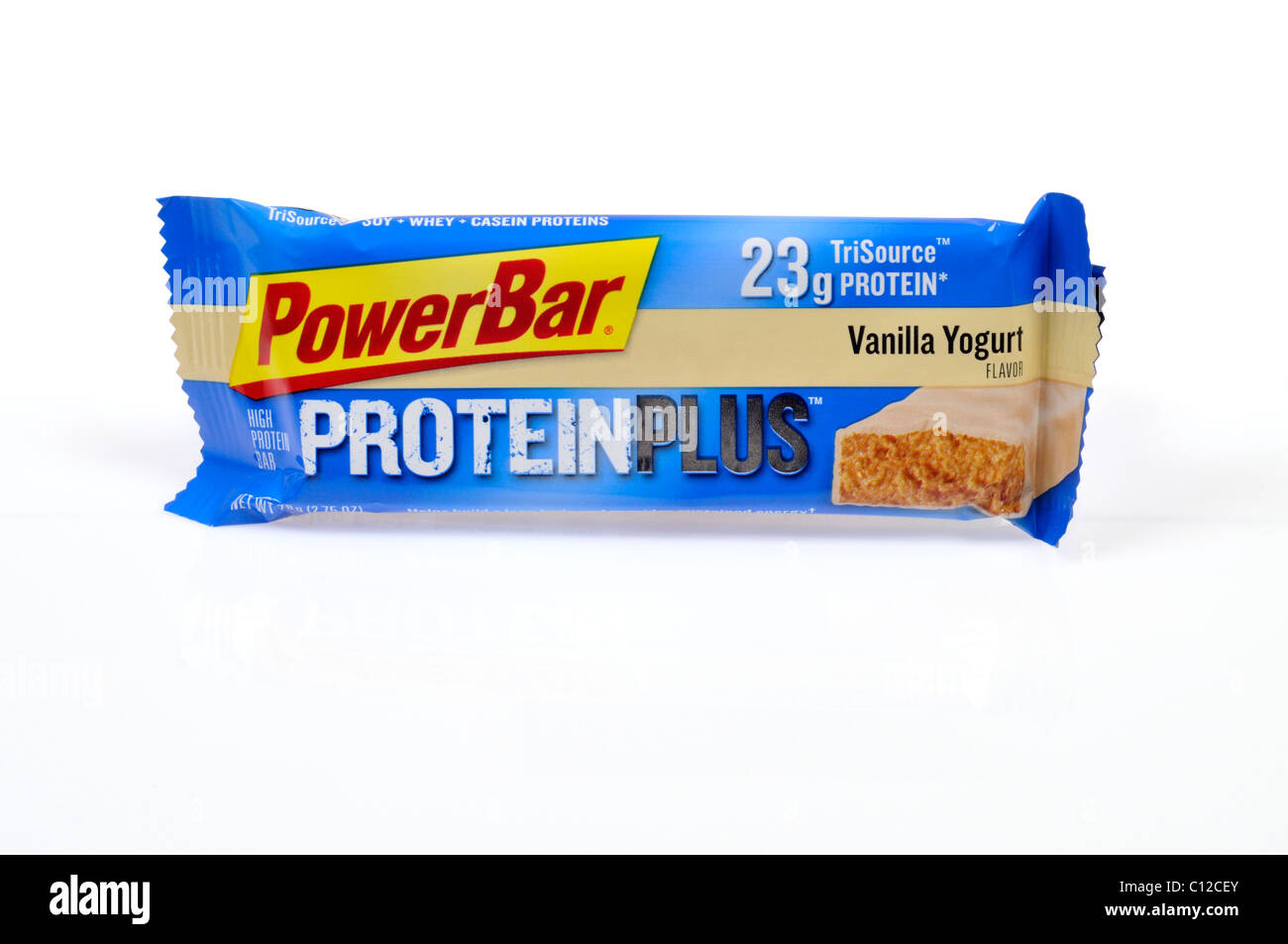 Protein Plus PowerBar in wrapper on white background, cutout. Stock Photo