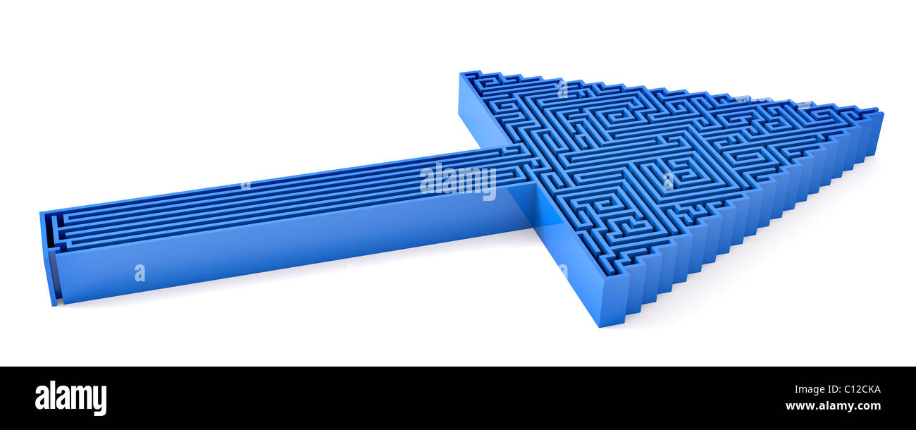 3D render of a blue arrow pointing up and right with a maze filling the outline. Easily adapted to any color. Stock Photo