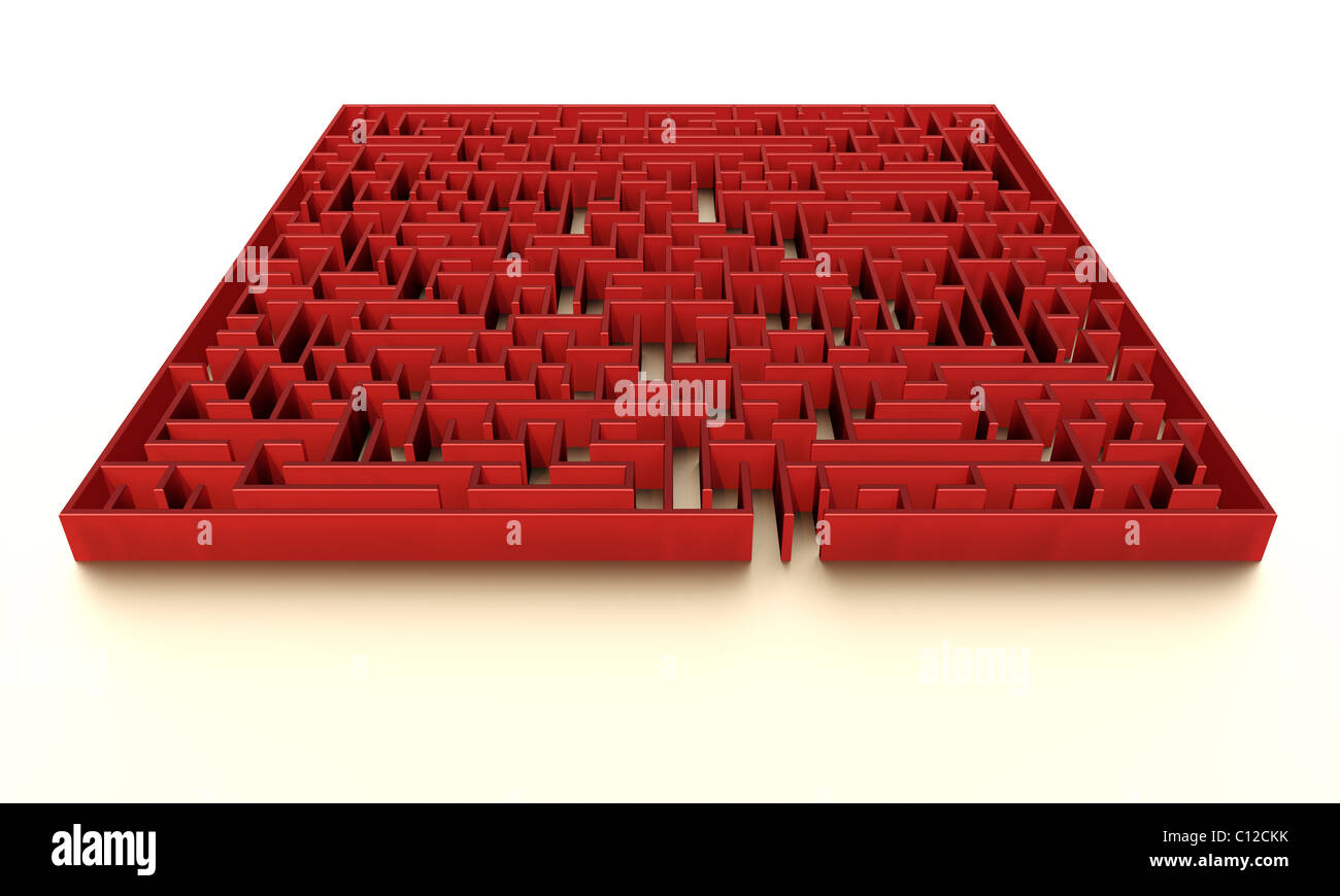 Red maze isolated over white with subtle illumination. High quality 3D-render. Stock Photo