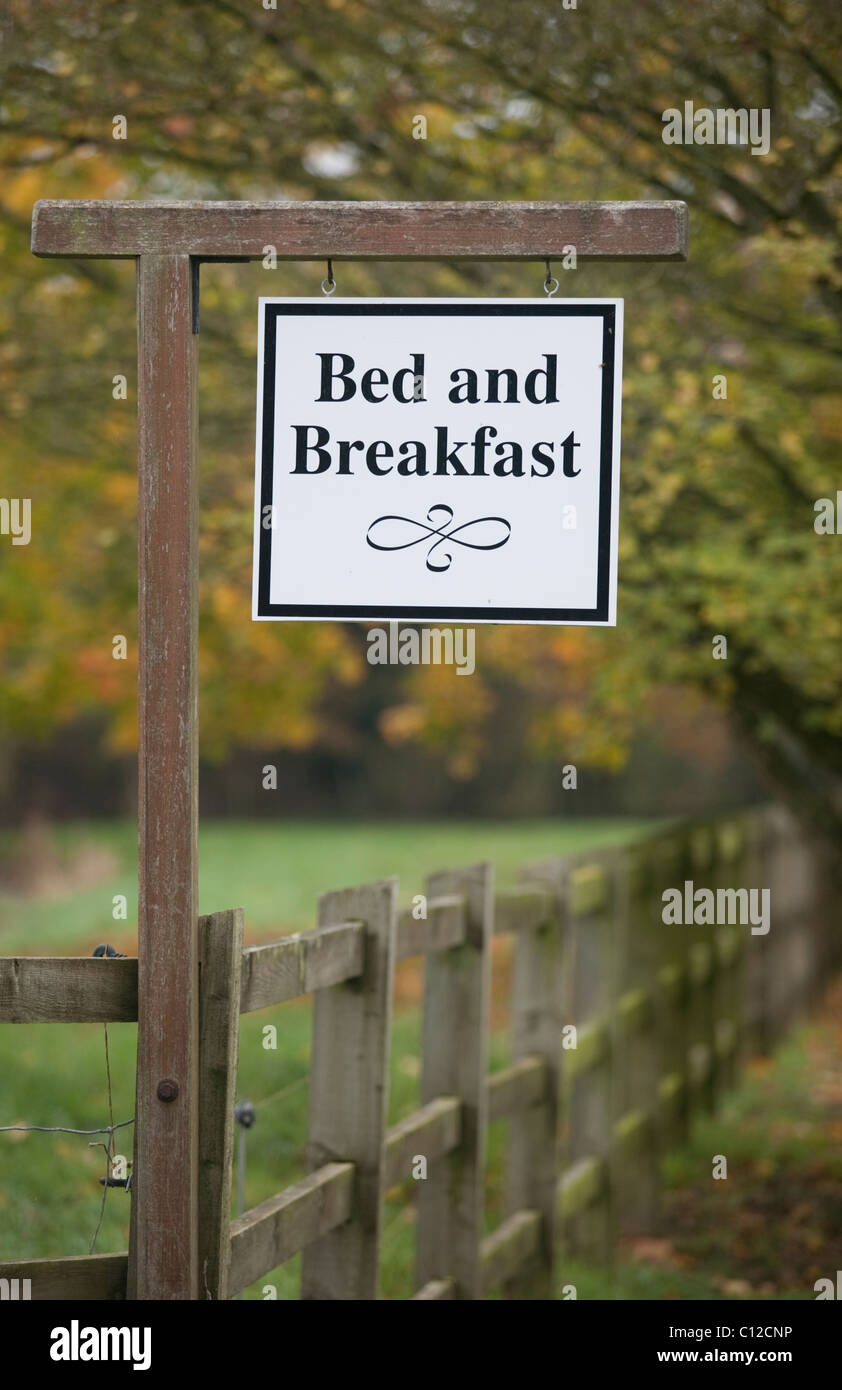 Rural Bed and Breakfast signpost in the English countryside. Stock Photo