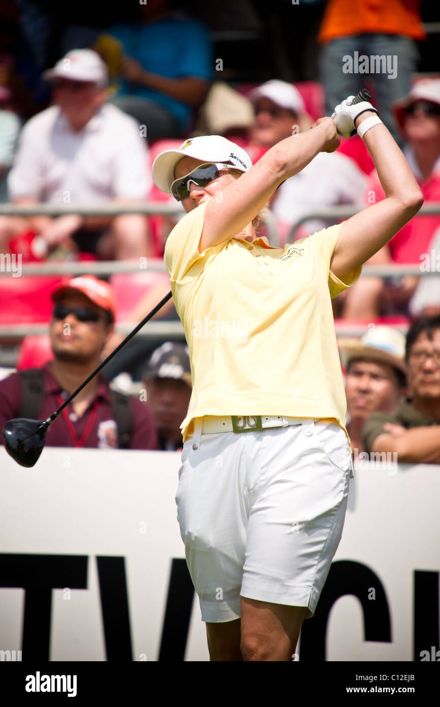Karrie Webb (AUS) takes a swing at 1st TEE during Day 3 of Honda LPGA golf tournament in Pattaya, Thailand Stock Photo