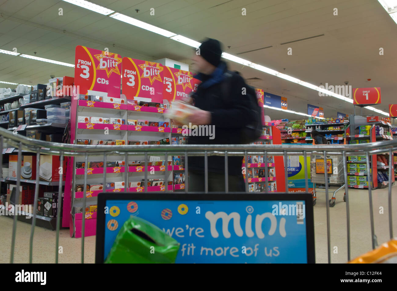 Shopping in Sainsbury's supermarket with camera in the trolley showing deliberate movement in the Uk Stock Photo