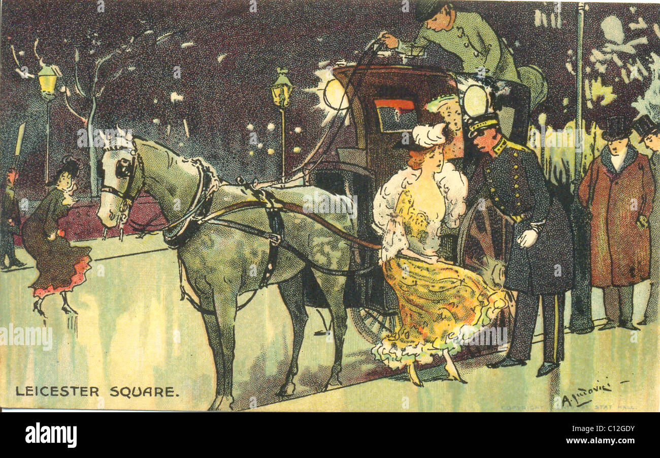 postcard published by Davidson Bros. by artist Ludovici titled Leicester Square Stock Photo