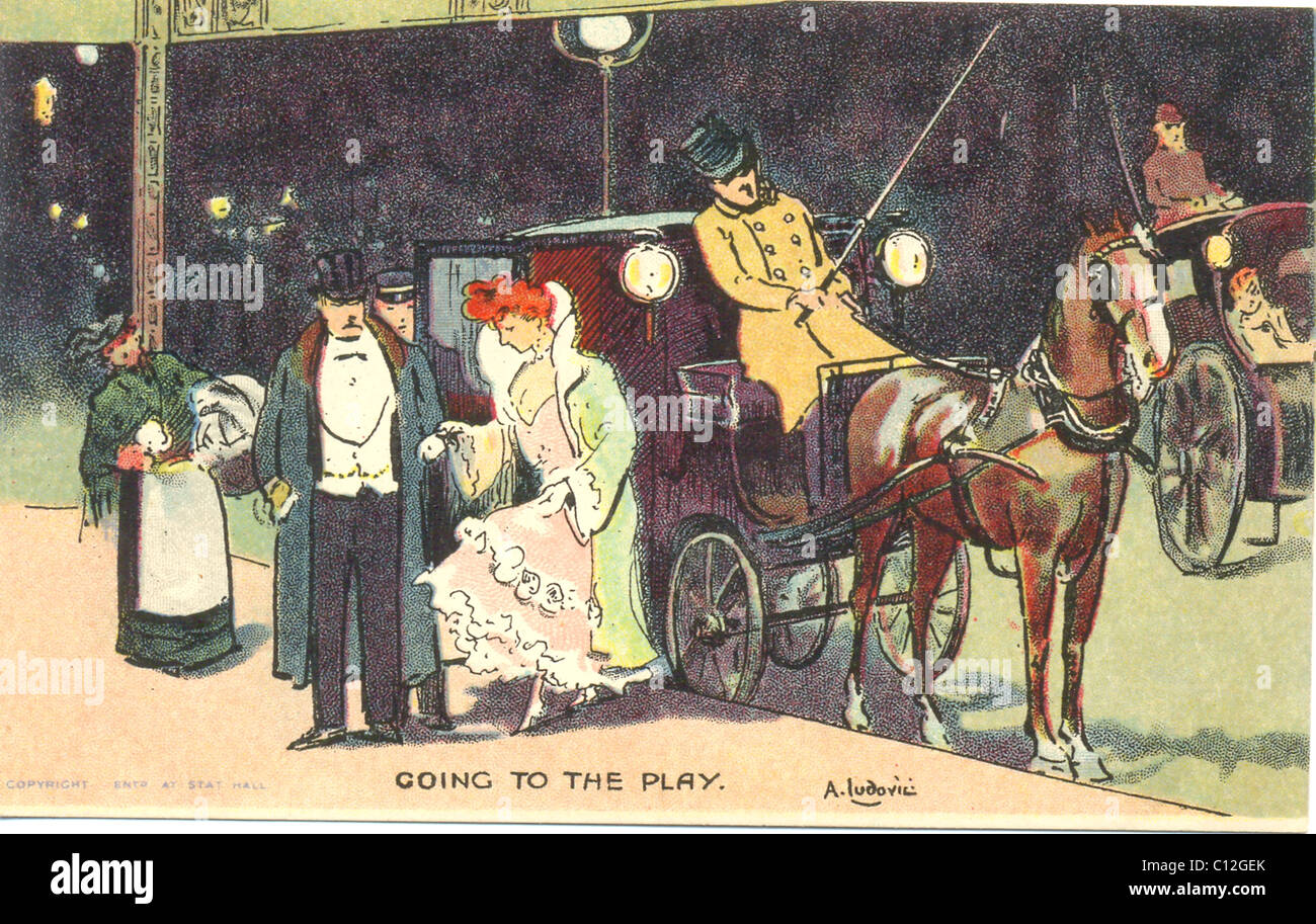 postcard published by Davidson Bros. by artist Ludovici titled 'Going to the Play' Stock Photo