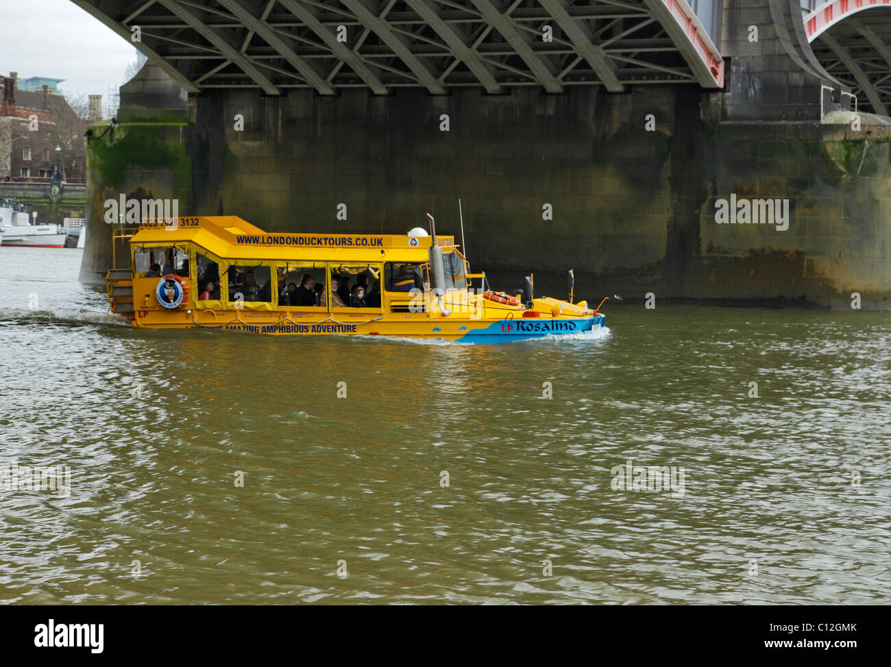 Duck Tours Amphibious boat going under Lambeth Bridge, London. Stock Photo