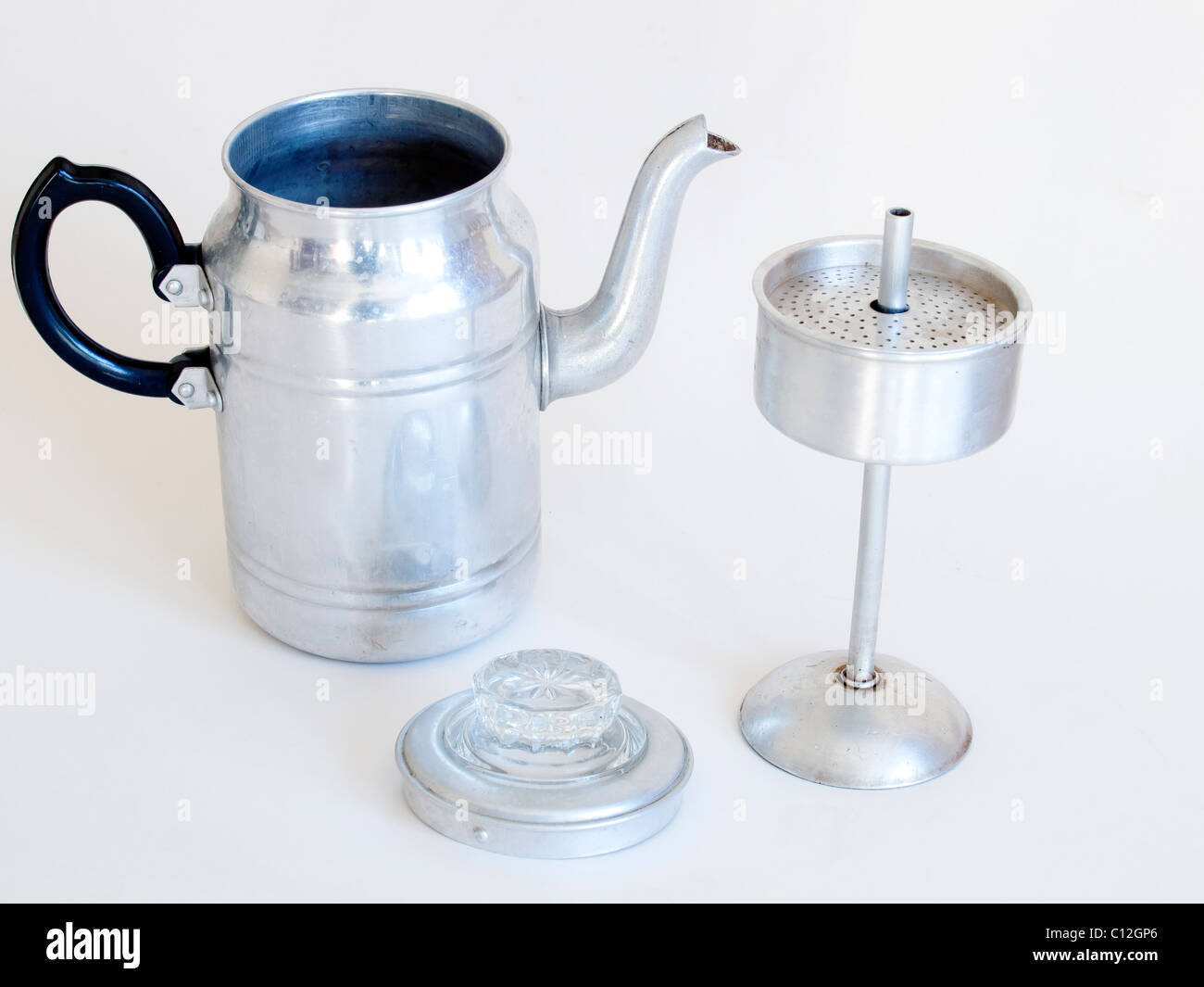 An old aluminium coffee percolator as used in the 1940's 1950's on a