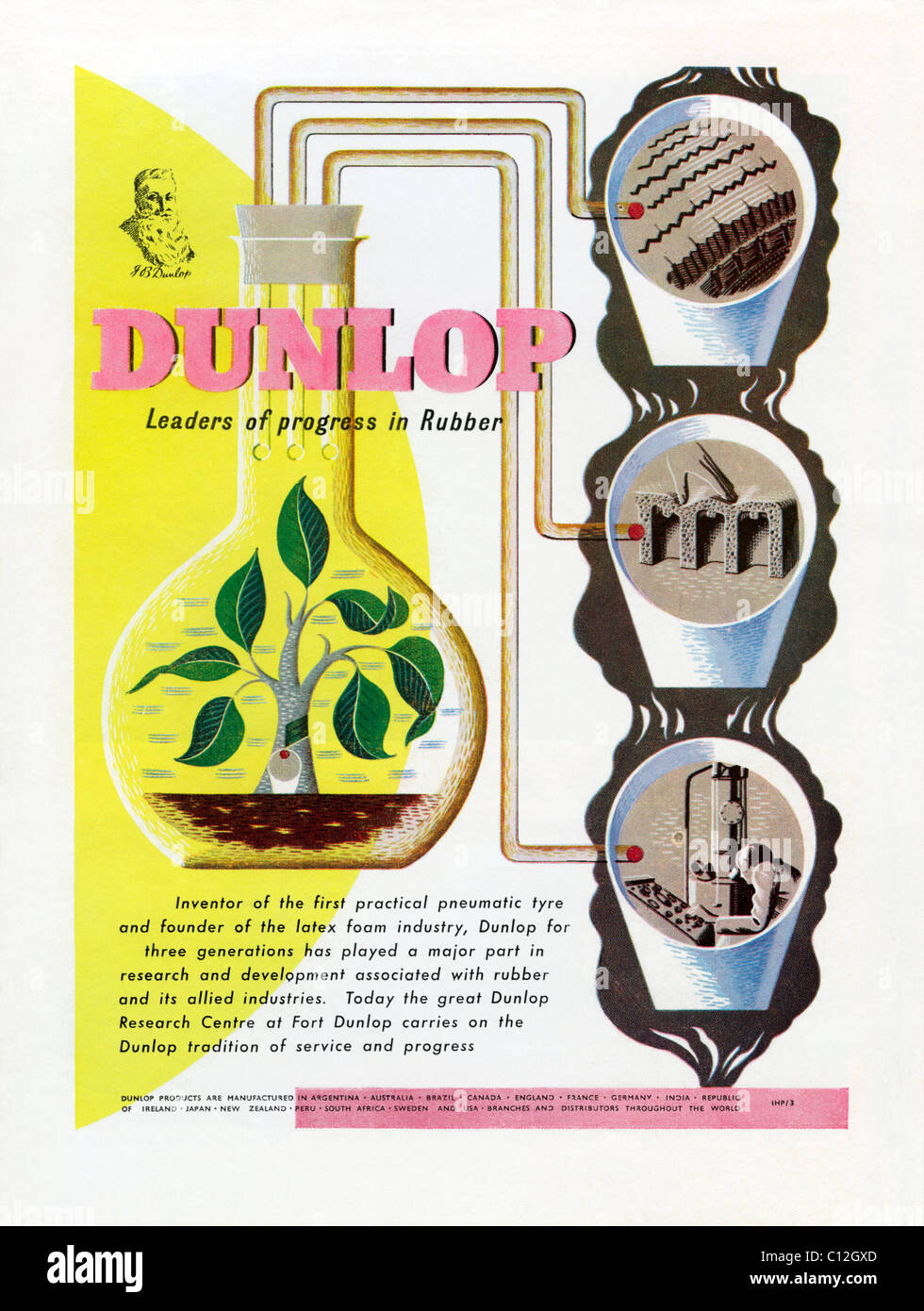1951 colour advertisement for tyre (tire) and rubber goods manufacturer Dunlop. Stock Photo