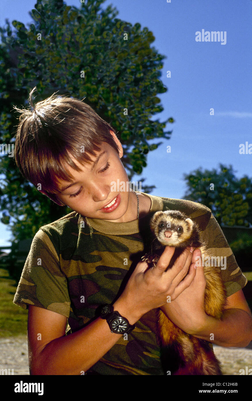 Young boy, age 8 -10 years of age with pet ferret in summer Stock Photo