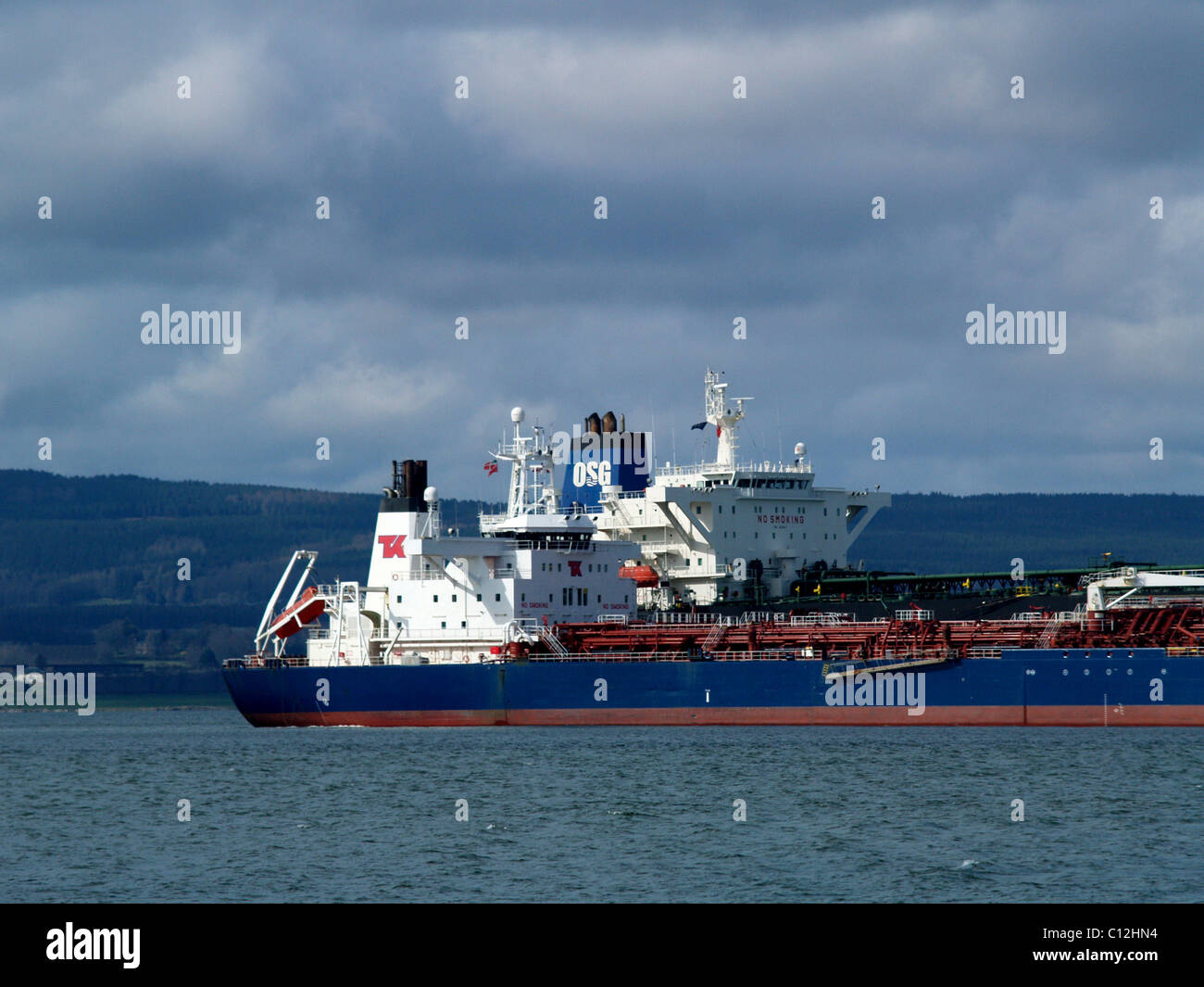 Two tankers at the Nigg Oil Terminal, Cromarty Firth Scotland, a centre for oil transshipment. Stock Photo