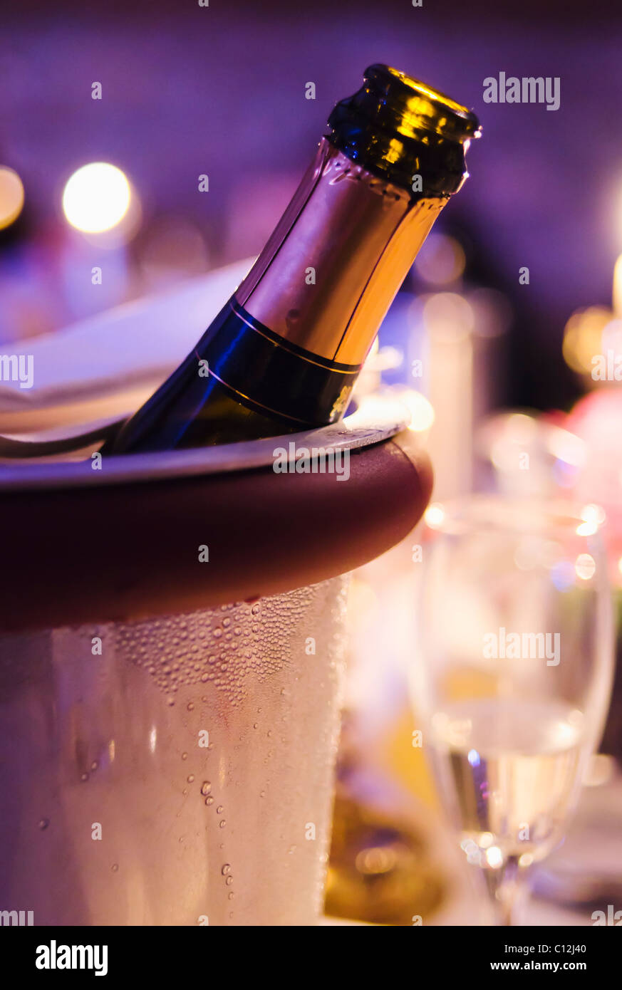 Champagne bottle cooling in ice bucket Stock Photo Alamy