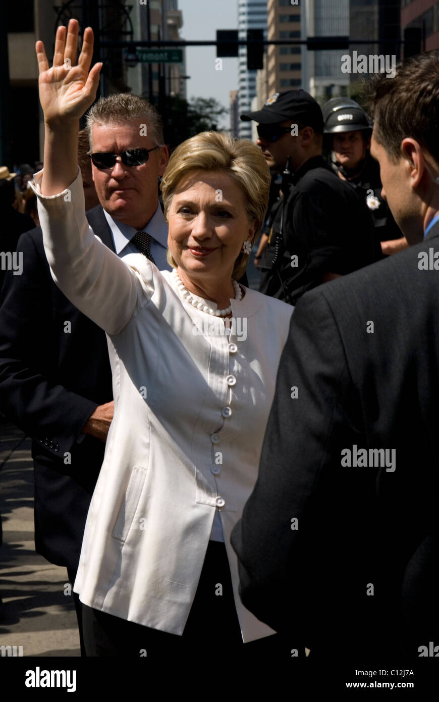 United States Secretary of State Hillary Clinton waving to crowd Stock Photo