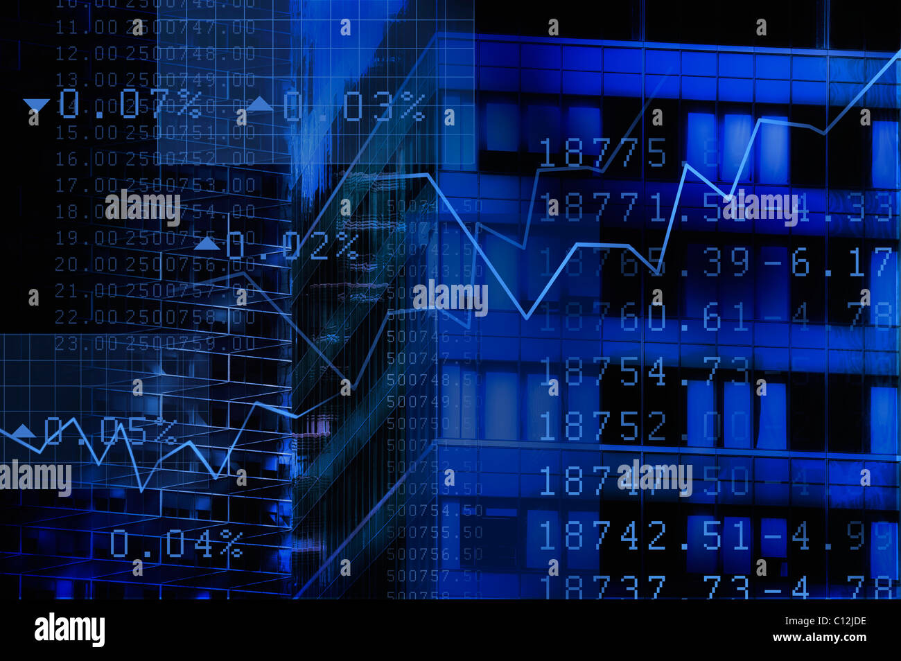 USA, New York, New York City, stock quotes reflecting on window Stock Photo
