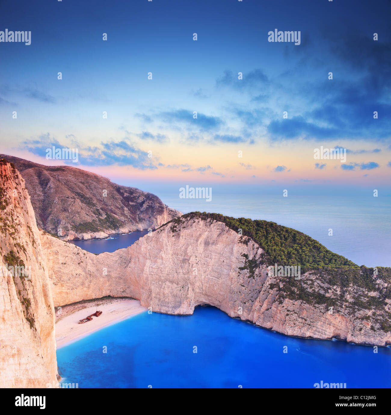 A panorama of Zakynthos island with a shipwreck on the sandy beach Stock Photo