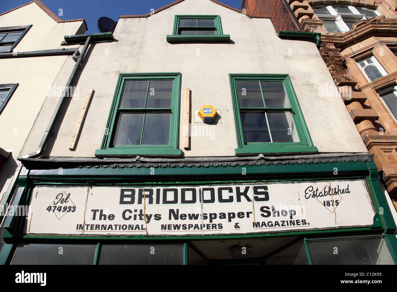 An old shop sign on a closed newsagents in Nottingham, England, U.K. Stock Photo