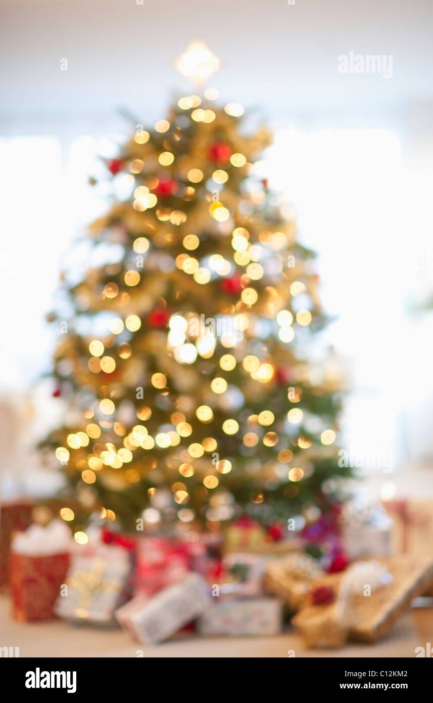 USA, New Jersey, New Jersey City, Christmas tree in living room Stock