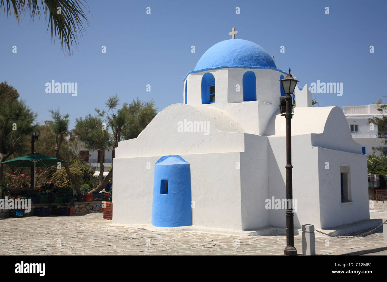 Blue Domed Greek Orthodox Church, Myconos Town (Chora), , Mykonos, Cyclades, Greece Stock Photo