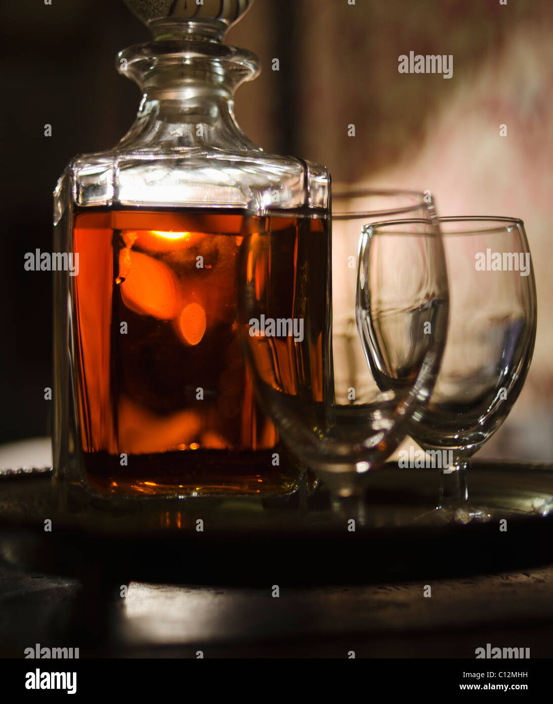 United Kingdom, Bristol, Whiskey in decanter with glasses Stock Photo Alamy
