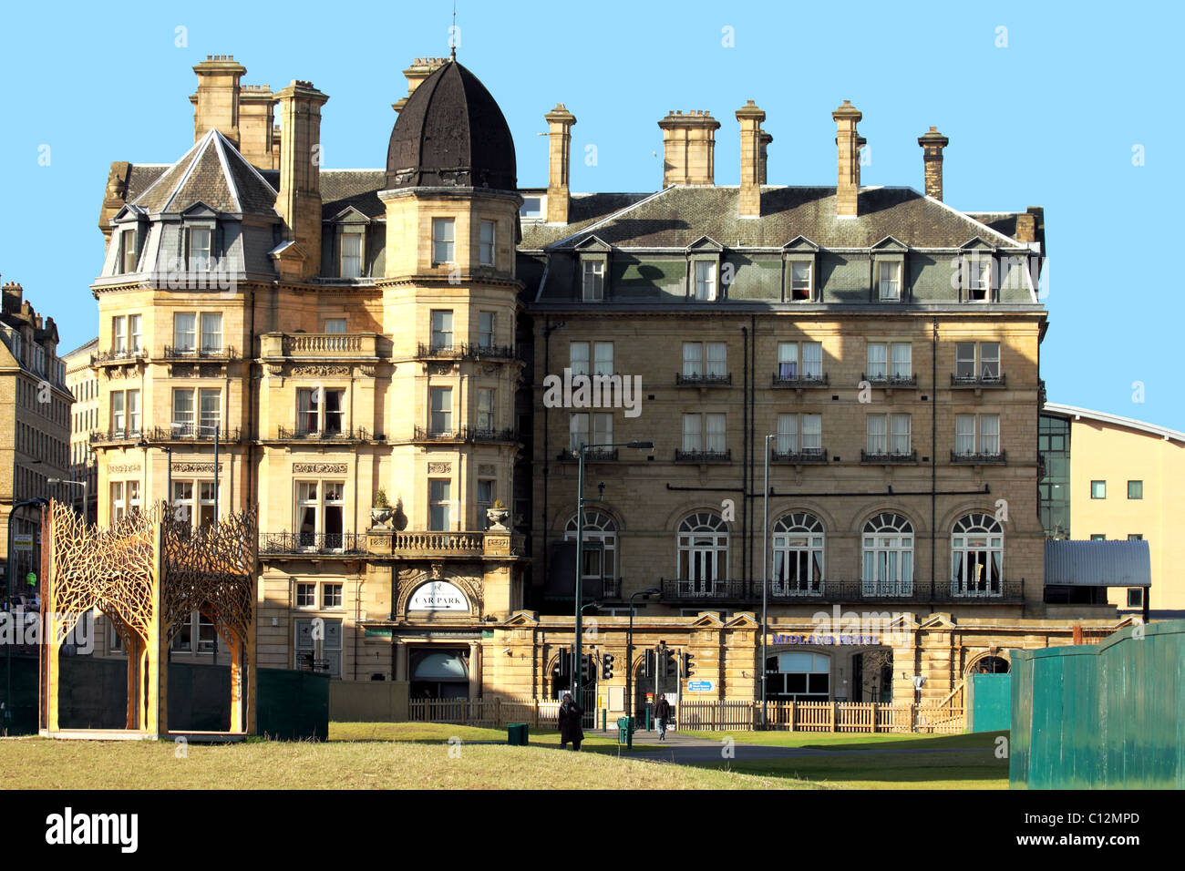 The Midland Hotel Bradford legacy of the days of the Midland Railways view from the newly planted city park Stock Photo