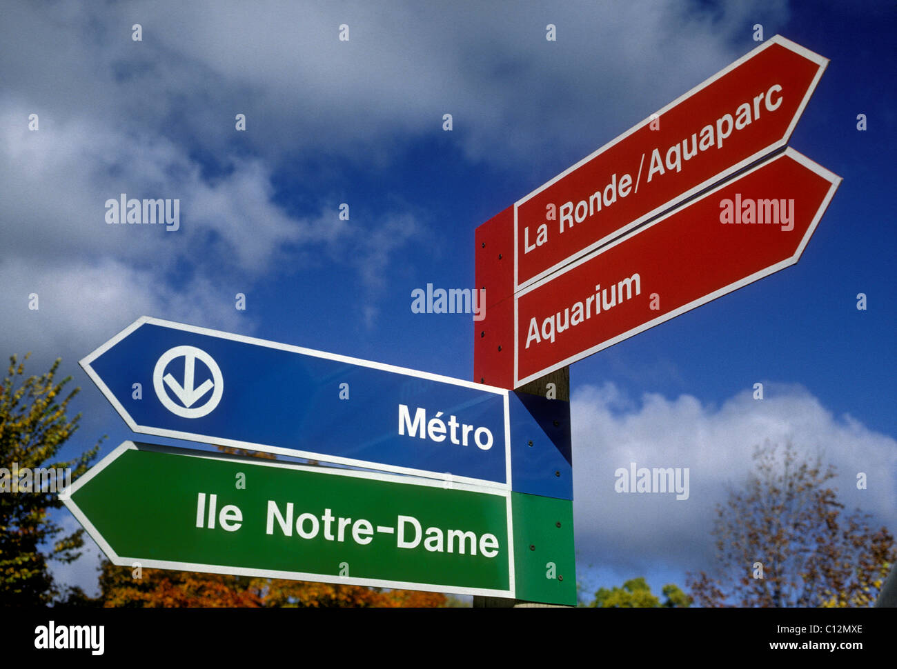 directional sign, directional signs, La Ronde, Aquaparc, Aquarium, metro, Ile Notre-Dame, Ile Sainte-Helene, Montreal, Quebec Province, Canada Stock Photo