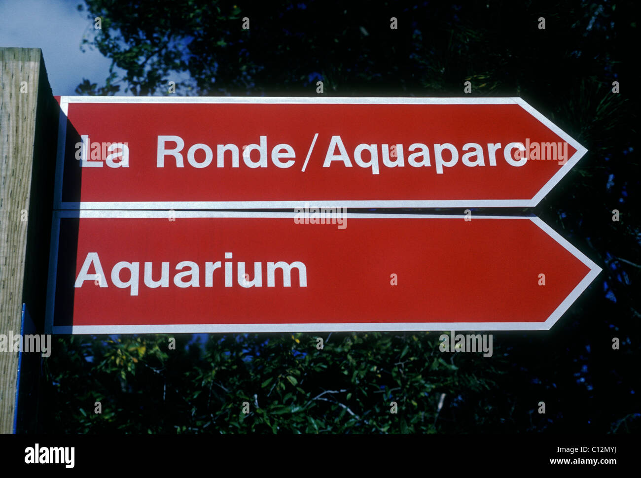 directional sign, La Ronde, Aquaparc, Aquarium, Ile Sainte-Helene, city of Montreal, Quebec Province, Canada, North America Stock Photo