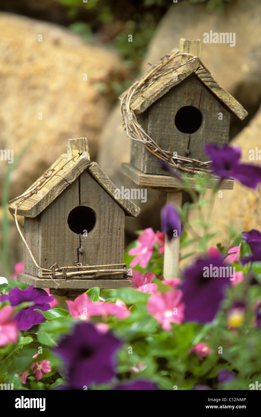 TWO SMALL WOODEN BIRDHOUSES PEEK OUT OF MIDWESTERN GARDEN. BOULDERS IN BACKGROUND. SUMMER. Stock Photo