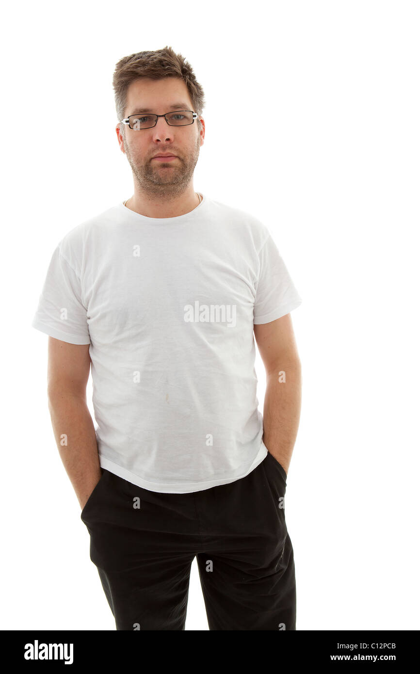 Unshaved man looking into camera over white background Stock Photo - Alamy