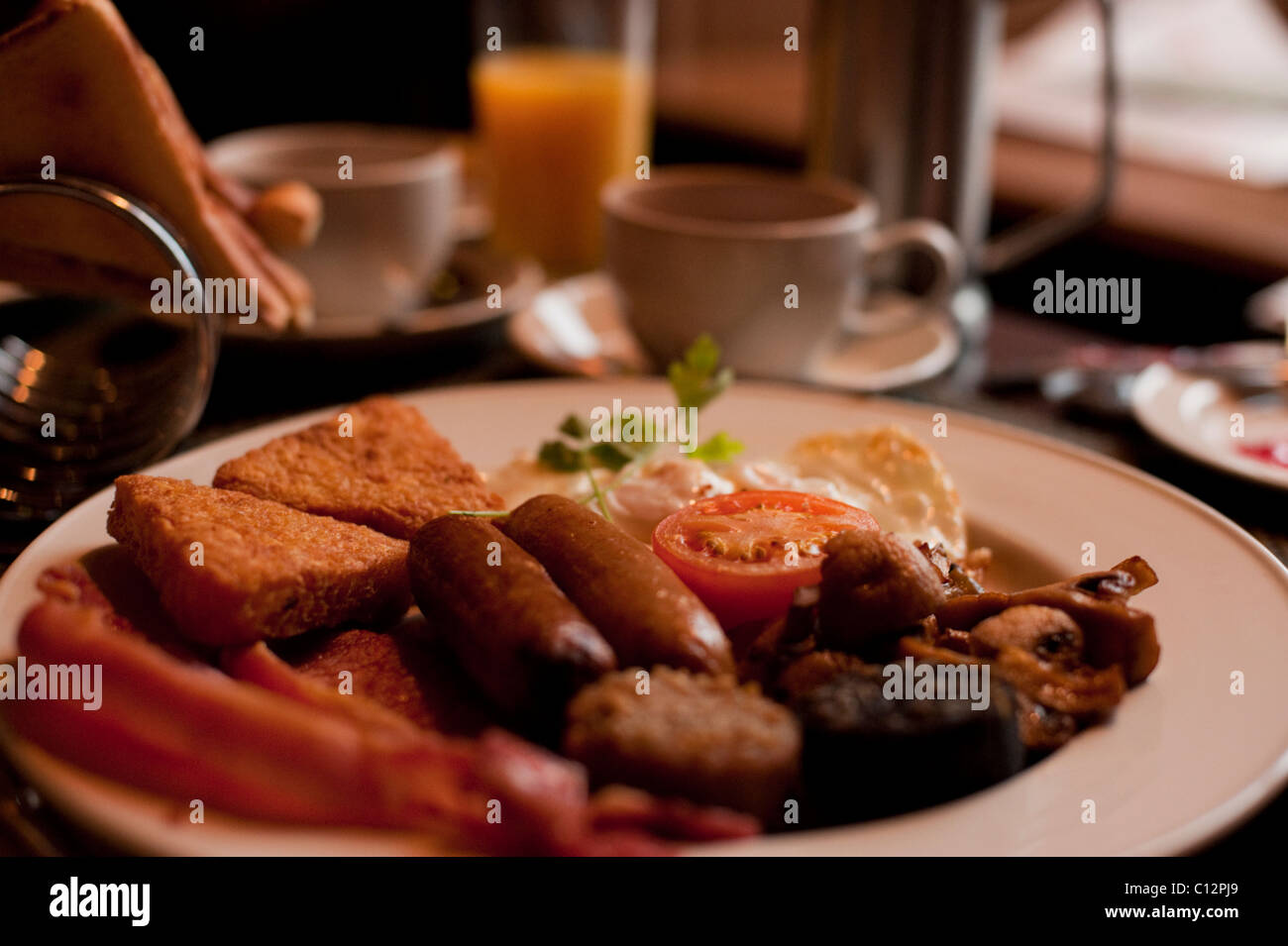 A full Irish breakfast, with sausages, black and white pudding, bacon