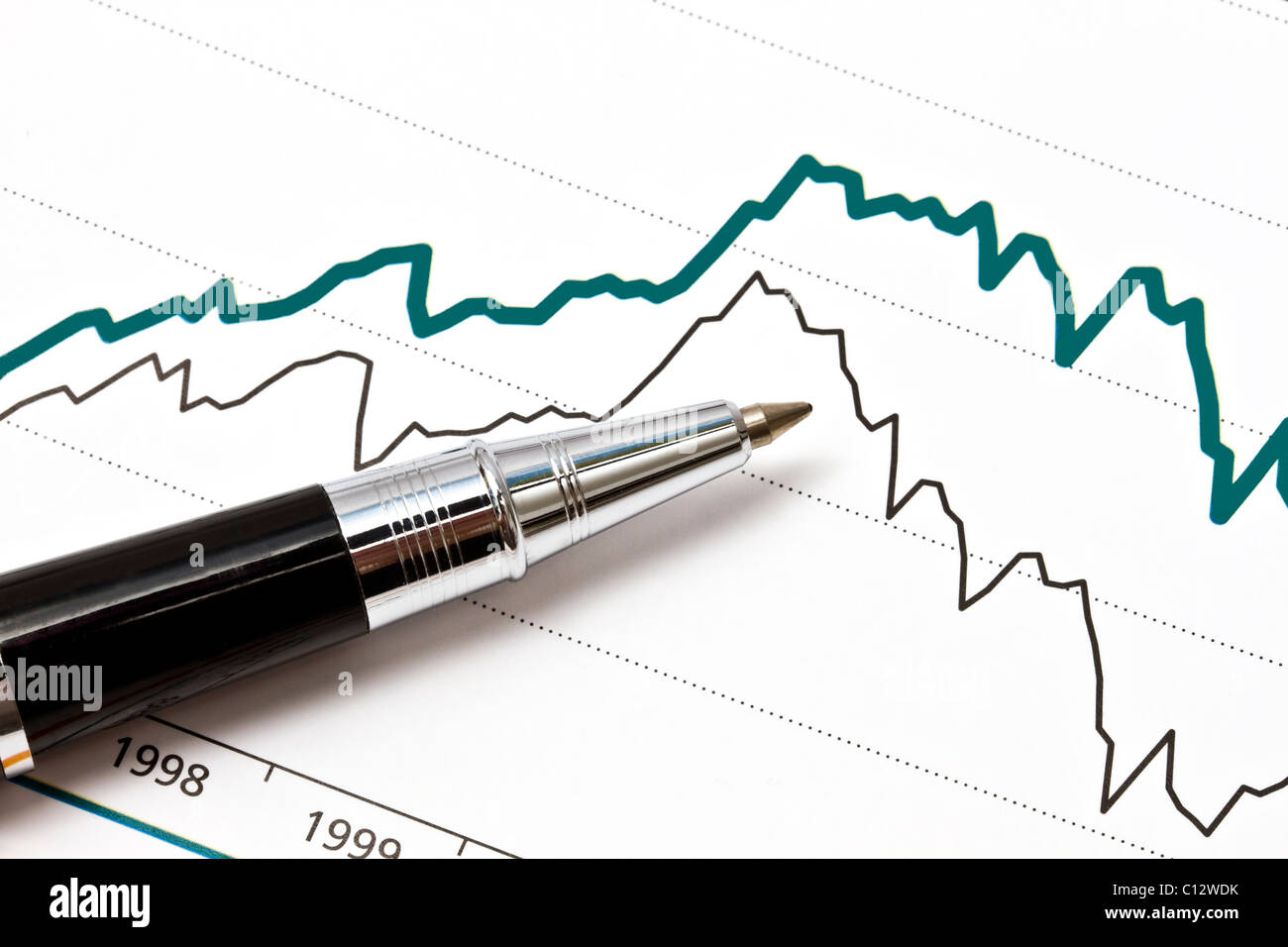 Close-up of a pen pointing at a stock market chart. Stock Photo