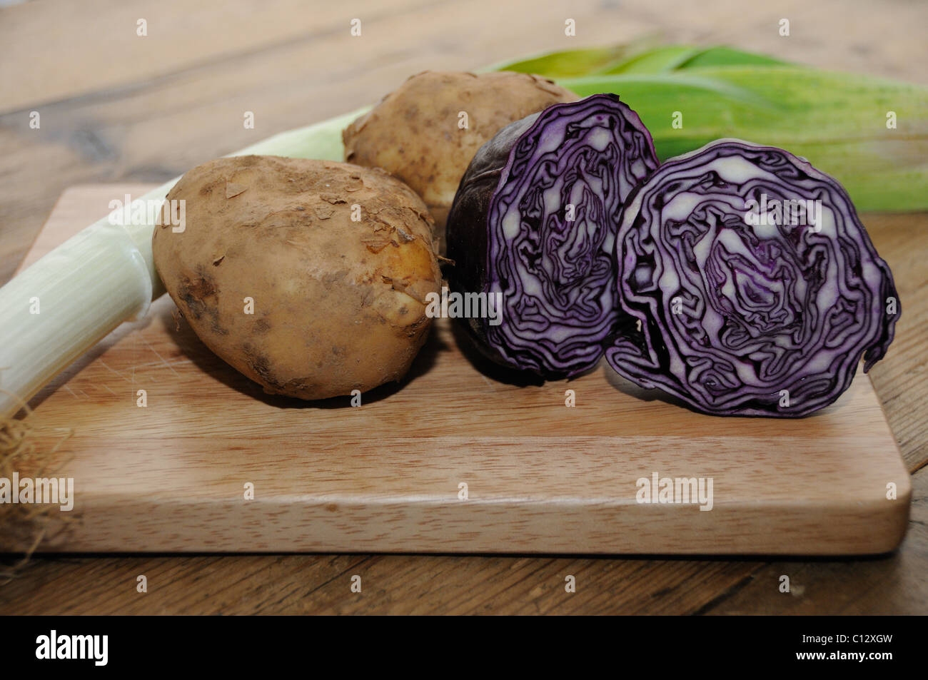 Local produce on a chopping board Stock Photo